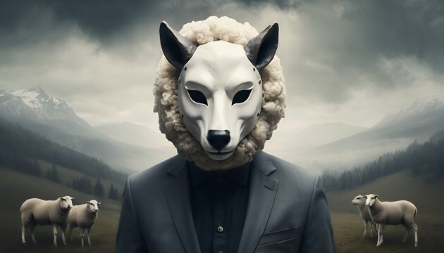 A man wearing a wolf mask concealed by sheep's wool stands amidst a tranquil mountainous pasture. The scene evokes a sense of mystery and deception.
