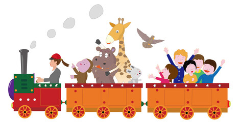 レトロな蒸気機関車に乗って楽しんでいる動物や子供たち。