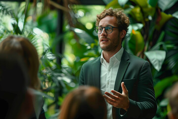 This image depicts a professional business setting where a young man in a suit discusses ideas in a lush, green indoor garden