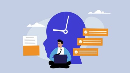 Effective organization of work in thought, Time management, Planning, Work control, Prioritization, Businessman plans work regulations and executes it cartoon animation