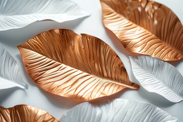 Elegant Metallic Copper and White Leaves Arrangement on Minimalistic Background