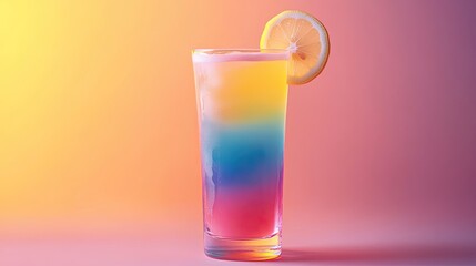 Refreshing Rainbow Drink in Clear Glass with Lemon Slice Garnish
