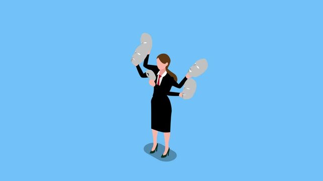 Businesswoman Holding Multiple Masks &ndash; Identity and Role-Playing 3d animation cartoon