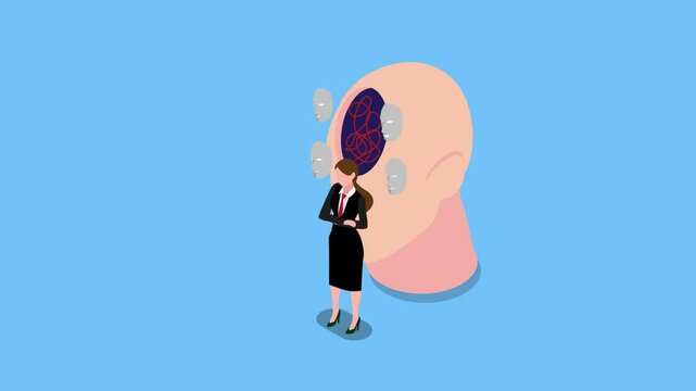 Businesswoman Facing Inner Conflict with Masks and Tangled Thoughts - Mental Health and Identity 3d animation cartoon