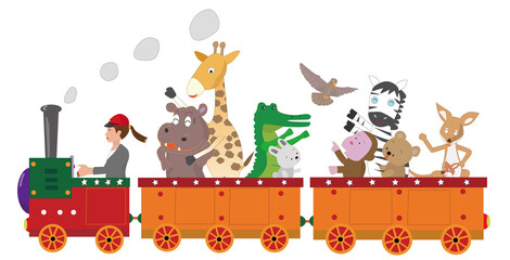 レトロな蒸気機関車に乗って楽しんでいる動物たち。