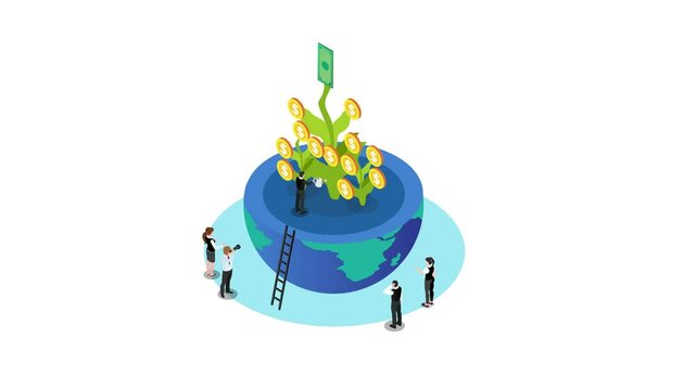 lobal Investment Growth Concept with Financial Plant and Business Team 3d animation cartoon