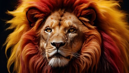 Fototapeta premium Close-up portrait of a majestic lion with a fiery mane. A powerful and intense gaze captivates.