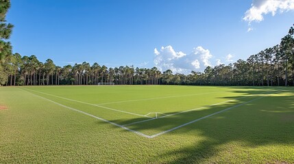 Obraz premium Lush Green Soccer Field Surrounded by Scenic Pines under Clear Sky