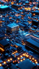 Obraz premium A close-up view of a circuit board with illuminated components and intricate connections.