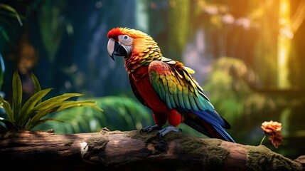 Fototapeta premium Curious Tropical Parrot Perched on Wooden Stand in Lush Jungle Setting
