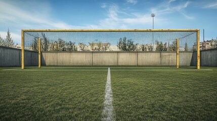 Football Goal on a Sunny Day with Clear Blue Sky and Grass Field