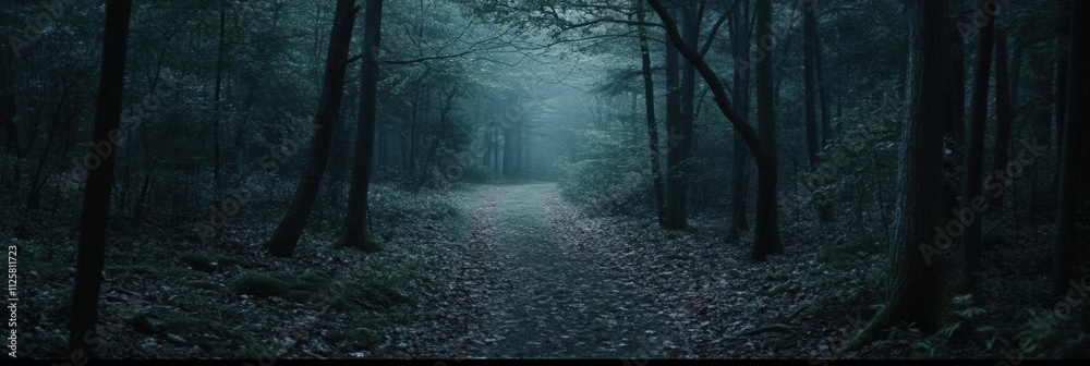 Poster A narrow pathway winds through a dense forest, surrounded by tall trees and a mysterious mist, providing a tranquil, inviting atmosphere. Generative AI