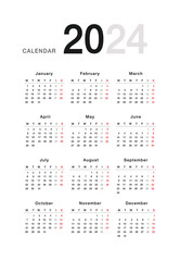 Colorful Year 2024 calendar horizontal vector design template, simple and clean design. Calendar for 2024 on White Background for organization and business. Week Starts Monday.