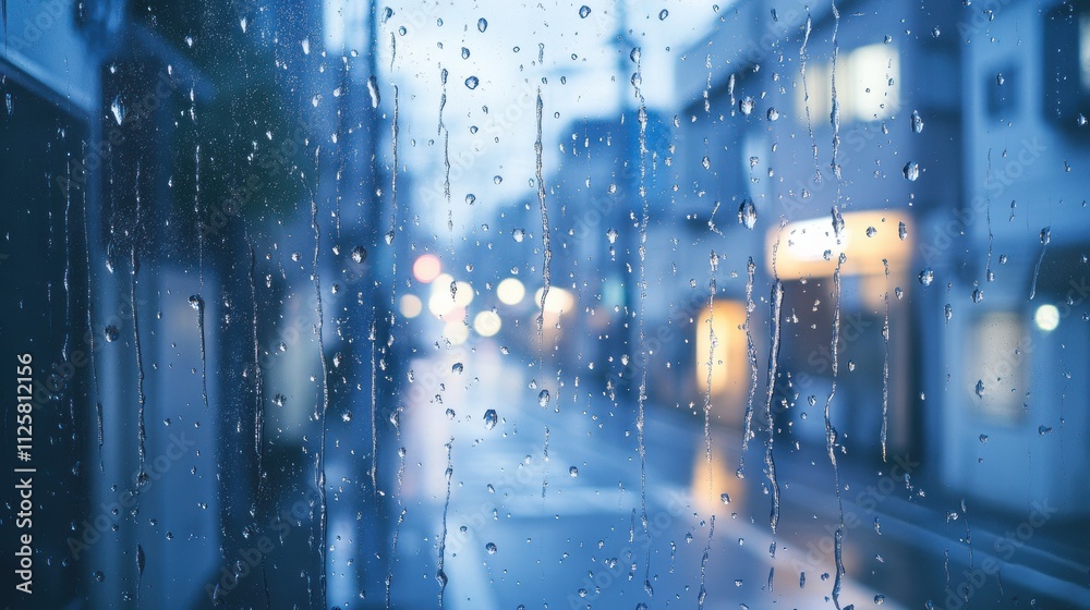 Aufkleber raindrops cling to the window as they obscure the view of a tranquil, empty street in an urban area 