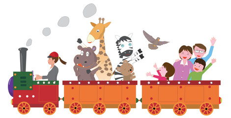 Obraz premium レトロな蒸気機関車に乗って楽しんでいる動物や子供たち。