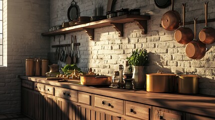 A cozy kitchen scene with wooden shelves, pots, and fresh herbs, evoking warmth and culinary creativity.