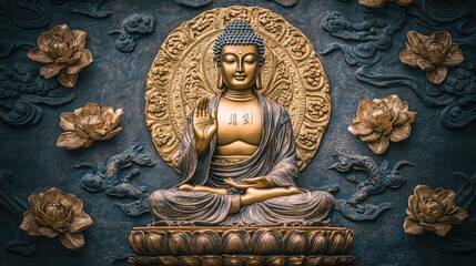 Obraz premium Serene Buddha Statue Surrounded by Intricate Floral Designs and Art