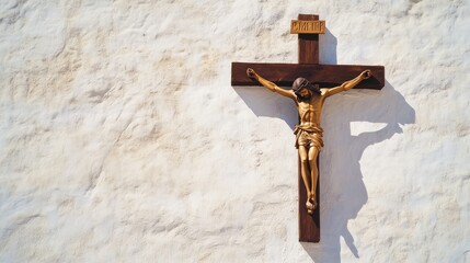 Wooden Cross with Crucified Figure on Textured White Wall