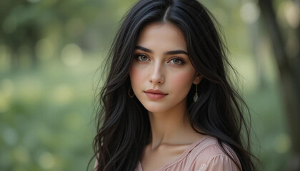 Naklejka premium Portrait of an elegant young woman with long, dark hair and subtle, natural make-up. The background is subtle and structured, emphasizing the harmony and beauty of the subject