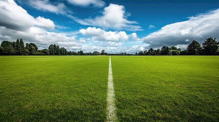 Lush Green Soccer Field Under Blue Sky with White Line Marking