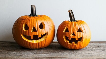 Fototapeta premium Two carved jack-o'-lanterns on a wooden table.