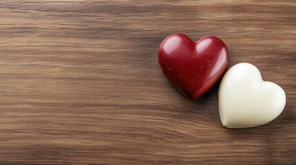 Fototapeta premium Two Heart Shaped Chocolates on Wooden Background for Romantic Themes