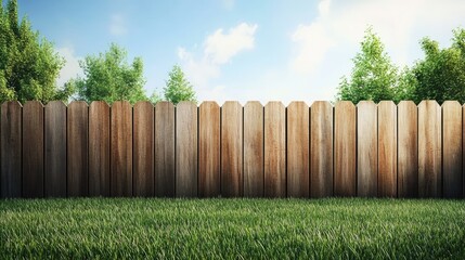 Fototapeta premium Wooden Fence Surrounded by Green Grass and Bright Blue Sky