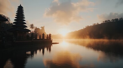 Naklejka premium Serene Sunrise Over Misty Lake with Traditional temple Silhouette