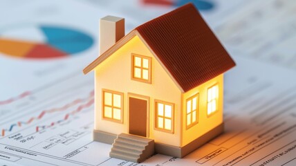 house financial investment Concept. A lit miniature house on financial documents with charts in the background.
