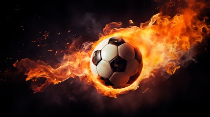 Fototapeta premium Fiery Soccer Ball Scoring Goal in Dark Stadium,Symbolizing Speed and Power