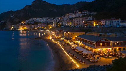 A picturesque coastal town during nighttime. The town is nestled between the sea and a mountain range. The beachfront is lined with colorful buildings, some of which have their lights on, 