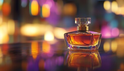 A perfume bottle sits on a smooth surface, capturing vibrant reflections and ambient light
