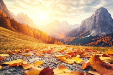 Scenic Autumn Landscape with Vibrant Fallen Leaves on Gravel Pathway Leading Towards Majestic Mountains Under a Beautiful Sunrise Sky