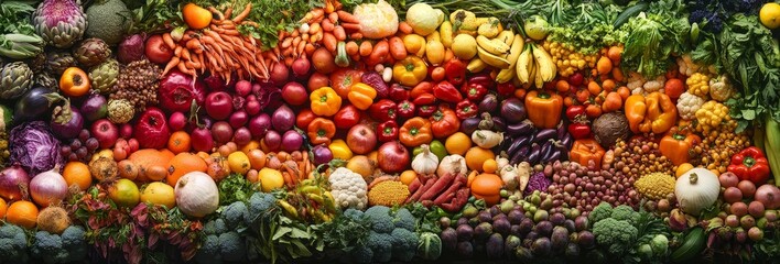 Vibrant rainbow of fresh fruits and vegetables arranged in a colorful display. (1)