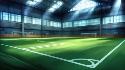 Indoor Soccer Field with Bright Natural Light and Spacious Layout