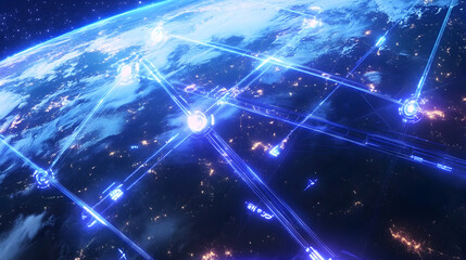 Global network connection, digital data streams over Earth at night.