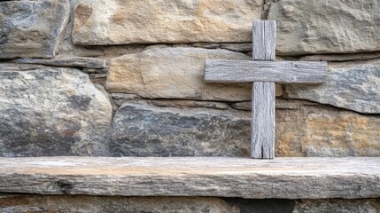 Wooden cross placed on a rustic stone background for symbolism