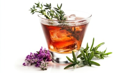 Cocktail drink garnished with fresh herbs, focusing on elegance and sophistication.