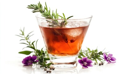 Cocktail drink garnished with fresh herbs, focusing on elegance and sophistication.