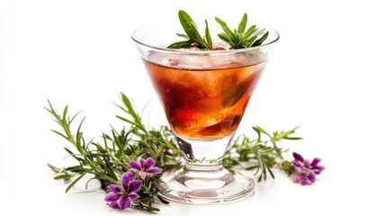Cocktail drink garnished with fresh herbs, focusing on elegance and sophistication.