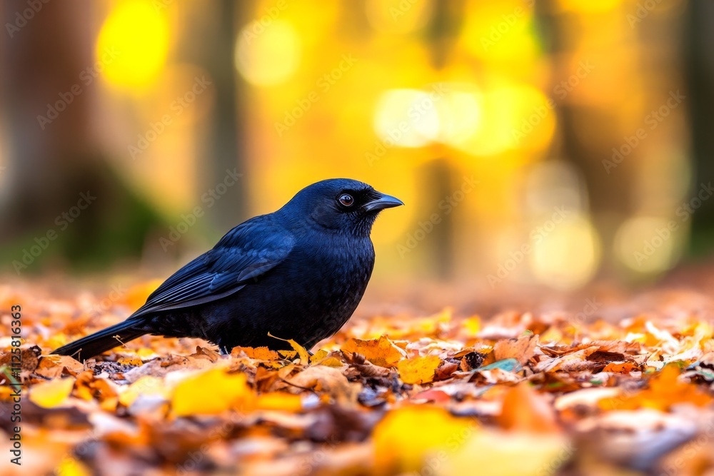 Poster A bird lying motionless on the forest floor, surrounded by fallen leaves and soft light filtering through the trees