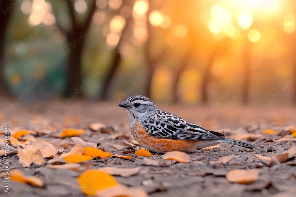 Poster A bird lying motionless on the forest floor, surrounded by fallen leaves and soft light filtering through the trees