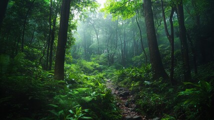 Obraz premium Misty forest path with lush green vegetation.