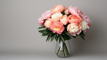 Fototapeta premium Elegant Bouquet of Peonies in Soft Pastel Shades on Gray Background