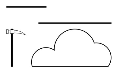 Mining pickaxe, curved cloud, and straight lines. Ideal for mining, technology, industry cloud computing weather engineering infographics. Line metaphor. Line metaphor. Simple line icons