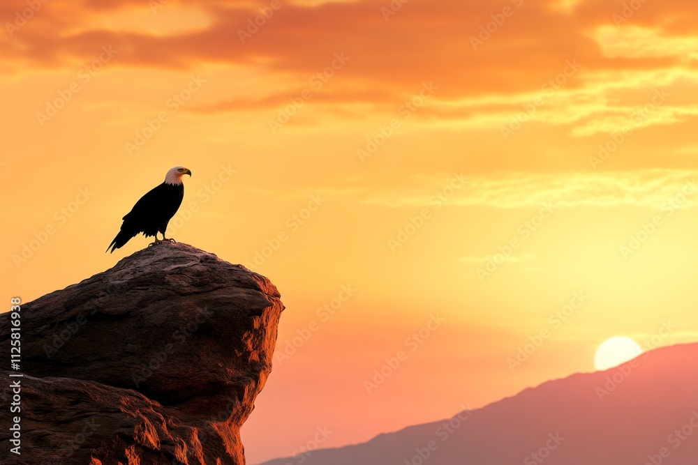 Poster a clean design of an eagle silhouette against a mountain, with muted earth tones and a simple compos