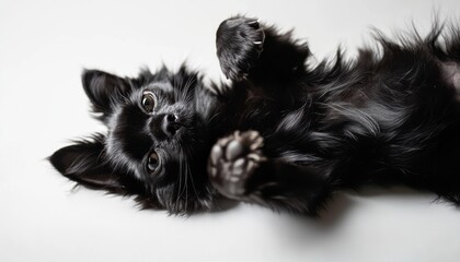 Obraz premium Black dog joyfully relaxes on its back, showcasing its playful personality and soft fur