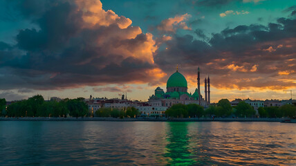 A dreamlike cityscape, where buildings, possibly of historical or architectural significance, are enveloped in vibrant clouds of varying colors. 