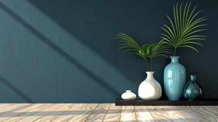 A serene room featuring a dark navy wall, light hickory floors