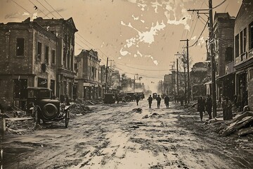Fototapeta premium A vintage street scene depicting early 20th-century urban life with vehicles and pedestrians.